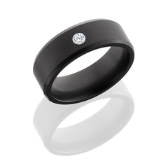 Solid diamond ring with custom beveled edge design. Includes a flush-set diamond with a matte finish.