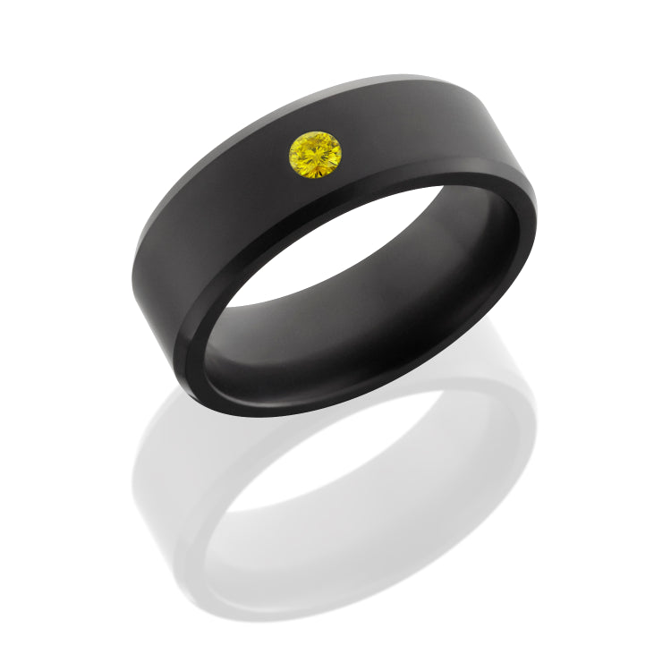 Solid diamond ring with custom beveled edge design. Includes a flush-set diamond with a matte finish.