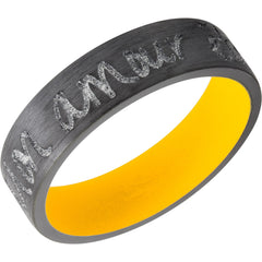 Zirconium 7mm flat band with rounded edges and customized laser carved handwriting and Dewalt Yellow Cerakote sleeve