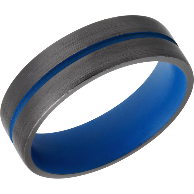 Zirconium 7mm flat band with rounded edges and NRA Blue Cerakote in groove and sleeve