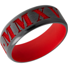 Zirconium 8mm beveled band with customized laser carved roman numerals and USMC Red Cerakote 