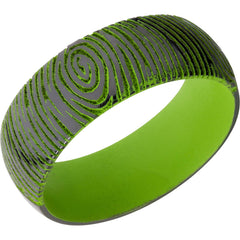 Zirconium 8mm domed band with customized laser carved fingerprint and Zombie Green Cerakote