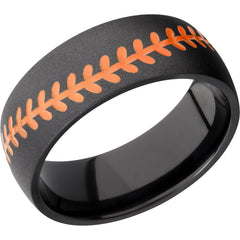 Zirconium 8mm Domed band with baseball pattern and orange Cerakote stitching