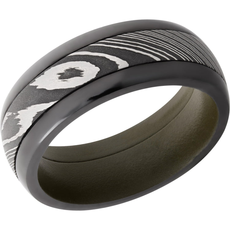 Zirconium 8mm domed band featuring Damascus Steel inlay and green Cerakote sleeve