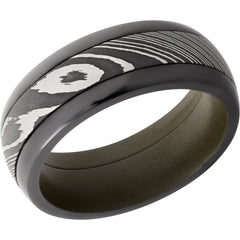 Zirconium 8mm domed band featuring Damascus Steel inlay and green Cerakote sleeve