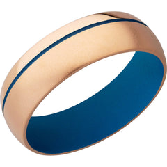 14K Rose Gold 7mm band with off center blue Cerakote groove and blue Cerakote on the sleeve