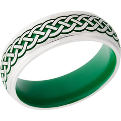 Cobalt Chrome 7mm domed band with grooved edges and laser carved Celtic pattern featuring green Cerakote
