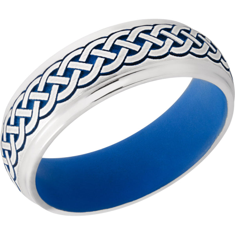 Cobalt Chrome 7mm domed band with grooved edges and laser carved Celtic pattern featuring Ridegeway Blue Cerakote