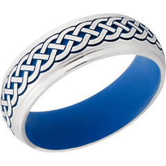 Cobalt Chrome 7mm domed band with grooved edges and laser carved Celtic pattern featuring Ridegeway Blue Cerakote