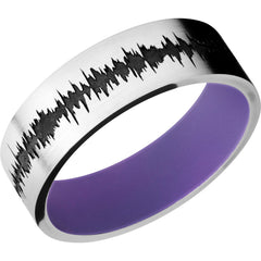 Cobalt Chrome 7mm flat band with customized laser carved soundwave with Bright Purple Cerakote sleeve