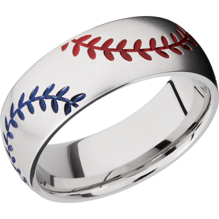 Cobalt Chrome 8mm domed band with baseball pattern and Red and Blue Cerakote stitching