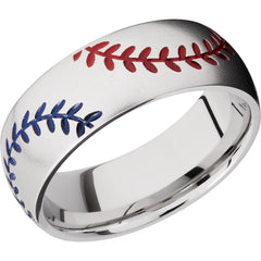 Cobalt Chrome 8mm domed band with baseball pattern and Red and Blue Cerakote stitching