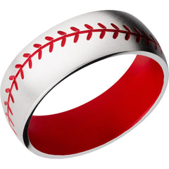 Cobalt Chrome 8mm domed band with baseball pattern and Red Cerakote stitching and sleeve