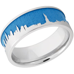 Cobalt Chrome 8mm flat band with laser carved New York skyline and Sea Blue Cerakote 