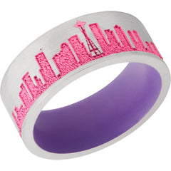 Cobalt Chrome 8mm flat band with laser carved Seattle skyline featuring Prison Pink Cerakote