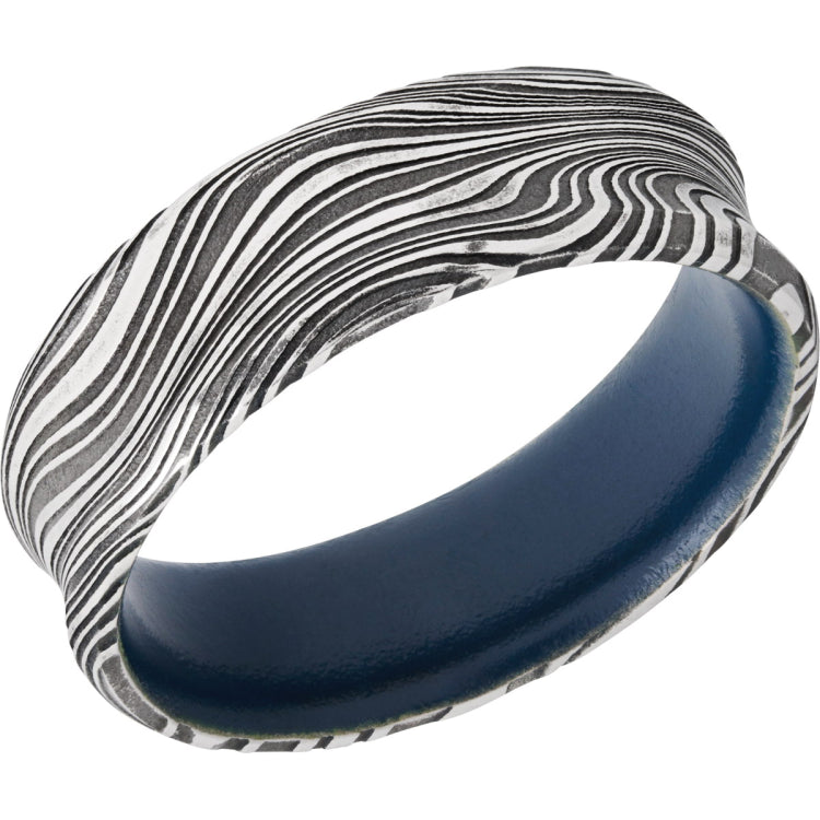 Damascus Steel 7mm concave band with Sky Blue Cerakote sleeve