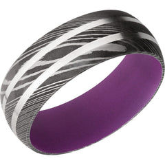 Damascus Steel 8mm domed band featkuring 2 Sterling Silver inlays and Wild Purple Cerakote sleeve