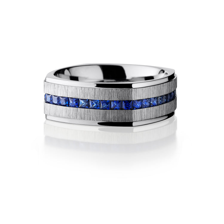 14K White Gold 8mm Flat EuroSquare Band with Grooved Edges and Eternity Set Sapphires