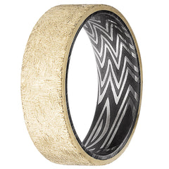 14K Yellow Gold flat band featuring a distressed finish and exotic Zebra patterned Damascus Steel sleeve.