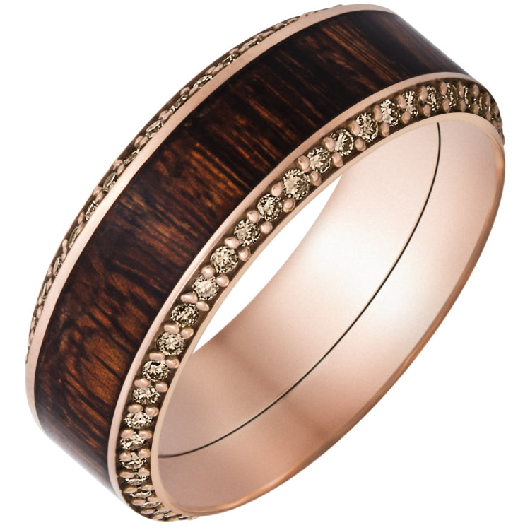 18K Rose Gold band featuring Mexican Cocobollo hardwood inlay with chocolate diamond accents.