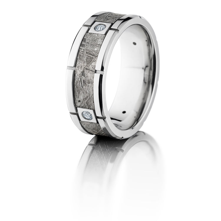 Platinum 8mm Flat Band with Beveled Edges, Four Meteorite Segments, and .07ct Diamonds - TCW .28