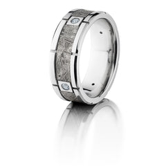 Platinum 8mm Flat Band with Beveled Edges, Four Meteorite Segments, and .07ct Diamonds - TCW .28