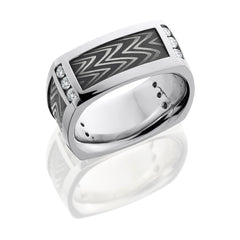 Platinum 9mm Domed EuroSquare Band with Four Damascus Steel Segments and Twelve .04 Diamonds - TCW .48