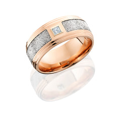 14K Rose Gold 9mm Flat Band with Double Grooved Edges, 4.5mm Meteorite inlay and .10ct Diamond
