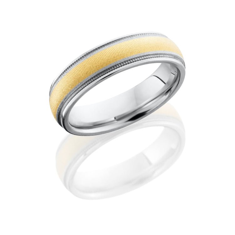 14K White Gold 6mm Domed Band with Grooved Edges, Milgrain and 3mm 14K Yellow Gold inlay