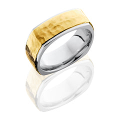 14K White Gold 8mm Flat EuroSquare Band with Grooved Edges and 14K Yellow Gold inlay