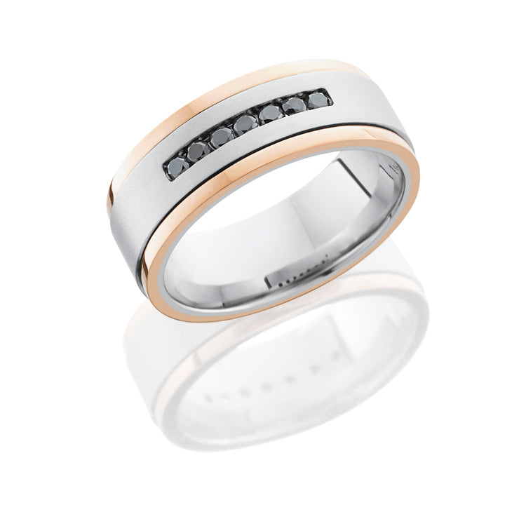 14K White Gold 8mm Flat Band with 14K Rose Gold Grooved Edges and Seven .04ct Black Diamonds - TCW .28