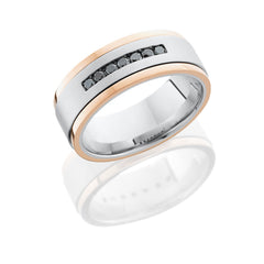 14K White Gold 8mm Flat Band with 14K Rose Gold Grooved Edges and Seven .04ct Black Diamonds - TCW .28
