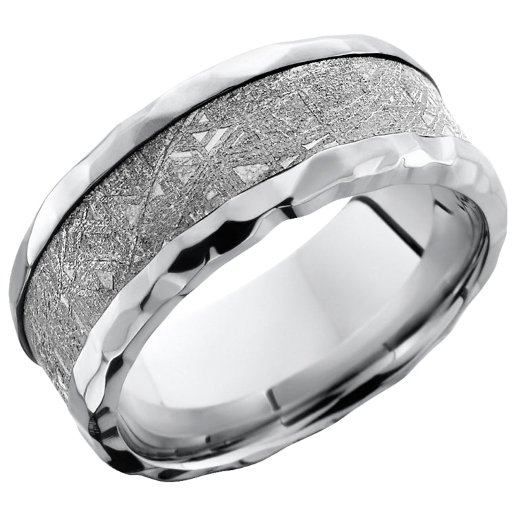 14K White Gold 9mm Flat Band with Beveled Edges and 5mm Meteorite inlay