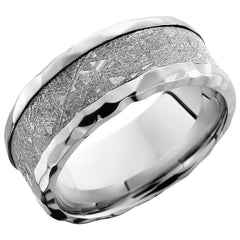14K White Gold 9mm Flat Band with Beveled Edges and 5mm Meteorite inlay