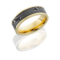 18K Yellow Gold 7mm Flat Band with 5mm Flattwist Damascus inlay