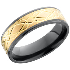Zirconium 7mm Flat Band with 5mm 14K Yellow Gold inlay and Celtic Pattern
