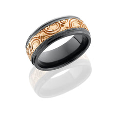 Zirconium 8mm Domed Band with Milgrain, 4mm 14K Rose Gold inlay and Pattern