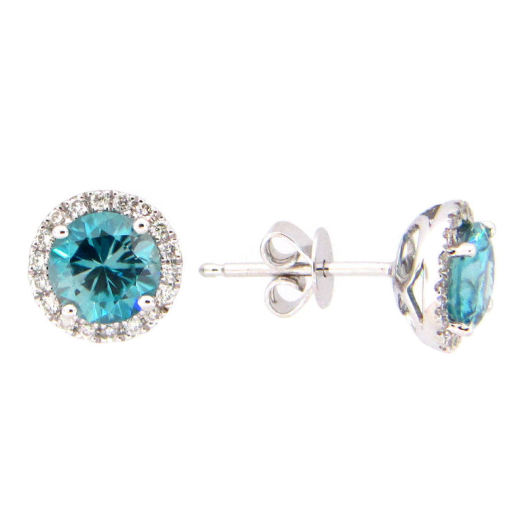 BLUE ZIRCON & DIAMOND EARRING, 14KW (H), C=2.15 D=0.21