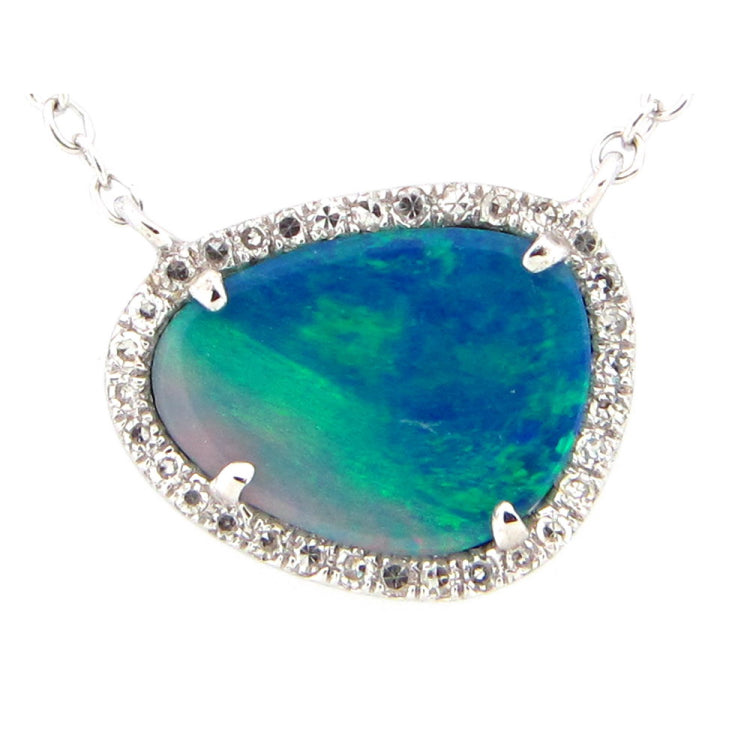 BLACK OPAL  DOUBLET & DIAMOND PENDANT NECKLACE, 18"/17"/16", 14KW (ASBL), C=1.00 D=0.07