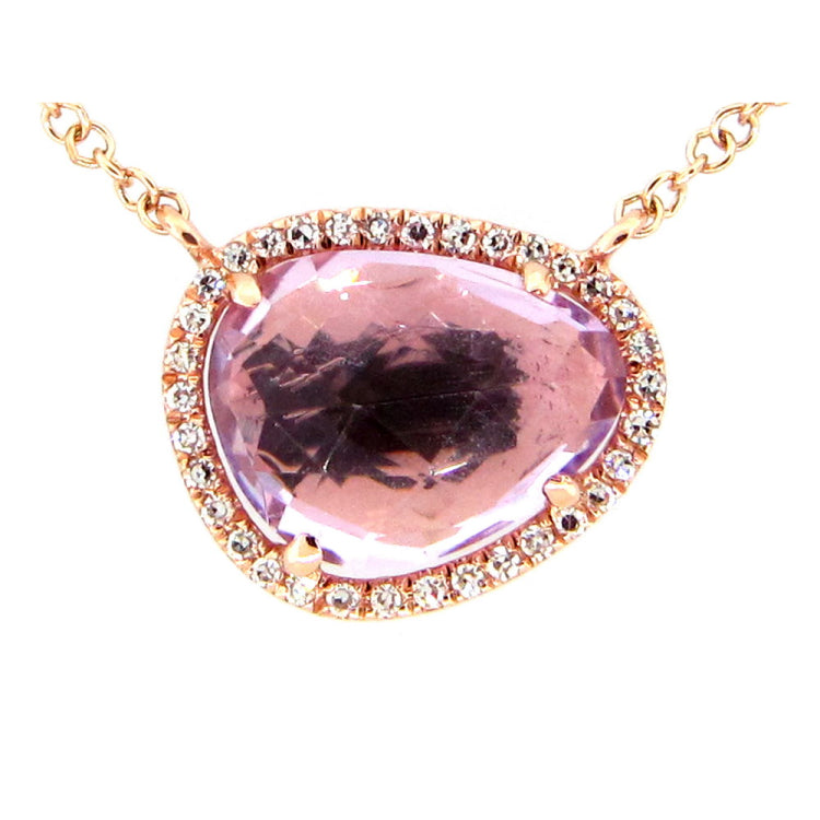 PINK AMETHYST & DIAMOND PENDANT NECKLACE, 18"/17"/16", 14KR (H) , C=1.75 D=0.08