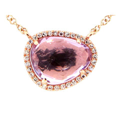 PINK AMETHYST & DIAMOND PENDANT NECKLACE, 18"/17"/16", 14KR (H) , C=1.75 D=0.08
