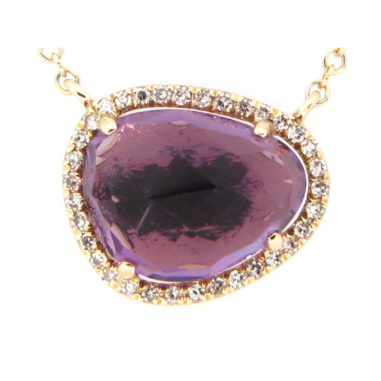 AMETHYST & DIAMOND PENDANT NECKLACE, 18"/17"/16",  14KY (H), C=1.75 D=0.08
