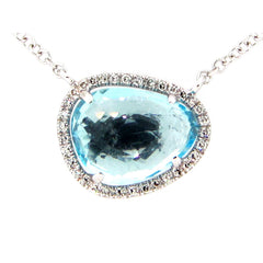 BLUE TOPAZ & DIAMOND PENDANT NECKLACE, 18"/17"/16", 14KW (R), C=2.38 D=0.08