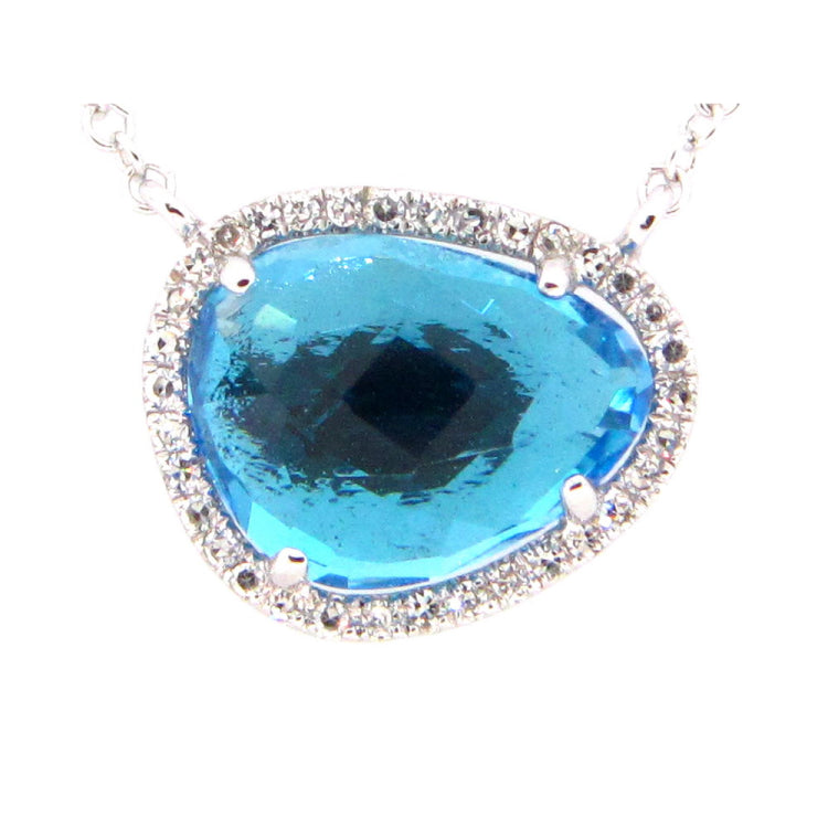 SWISS BLUE TOPAZ & DIAMOND PENDANT NECKLACE, 18"/17"/16", 14KW (R), C=2.38 D=0.08