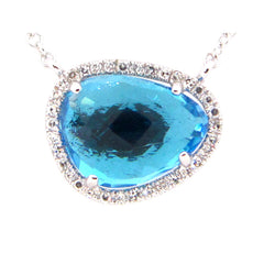 SWISS BLUE TOPAZ & DIAMOND PENDANT NECKLACE, 18"/17"/16", 14KW (R), C=2.38 D=0.08