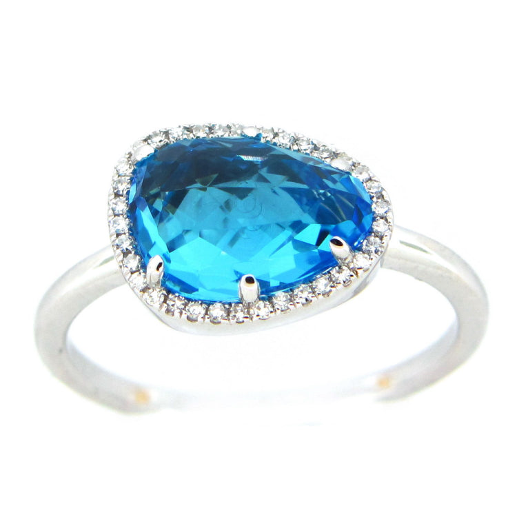 SWISS BLUE TOPAZ & DIAMOND BEAN HALO RING, 14KW (R), C=2.69 D=0.08