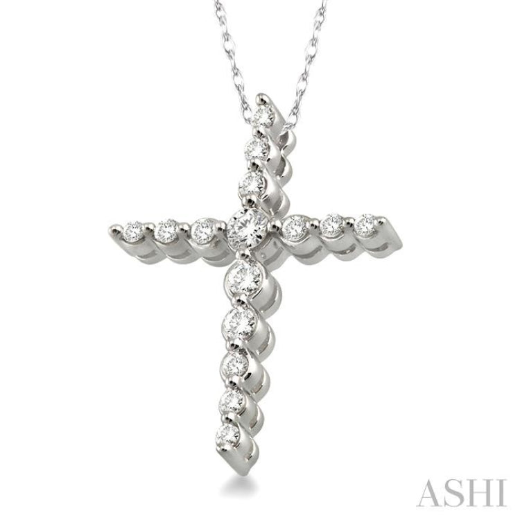 1/4 ctw Round Cut Diamond Journey Cross Pendant in 14K White Gold with Chain