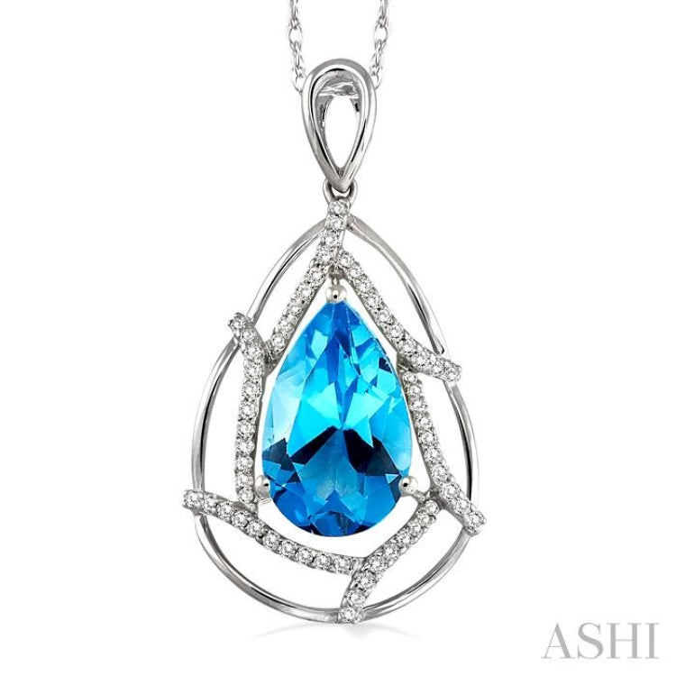 10x7 MM Pear Shape Blue Topaz and 1/5 ctw Round Cut Diamond Semi Precious Pendant in 14K White Gold with Chain