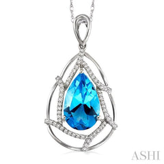 10x7 MM Pear Shape Blue Topaz and 1/5 ctw Round Cut Diamond Semi Precious Pendant in 14K White Gold with Chain