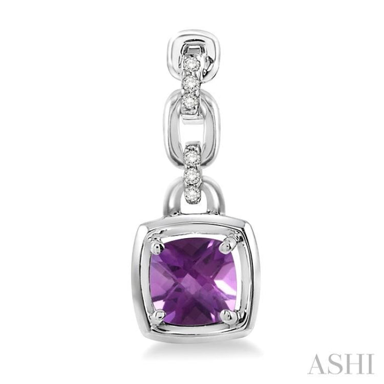 6x6 MM Cushion Checker Amethyst and 1/10 Ctw Single Cut Diamond Earrings in Sterling Silver
